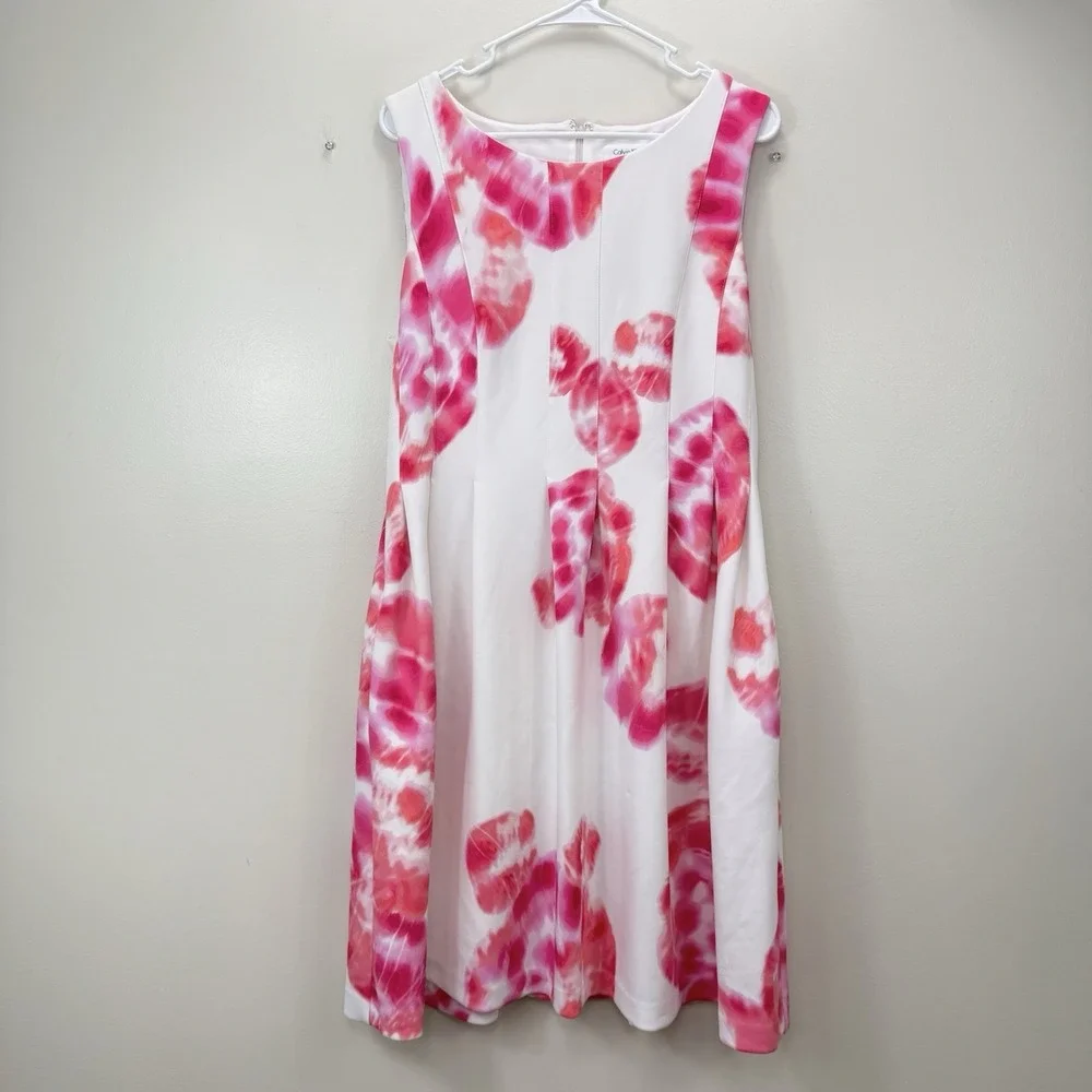 Calvin Klein Pink Tie Dye Floral Scuba Knit‎ Sleeveless Flare Dress Pockets 14